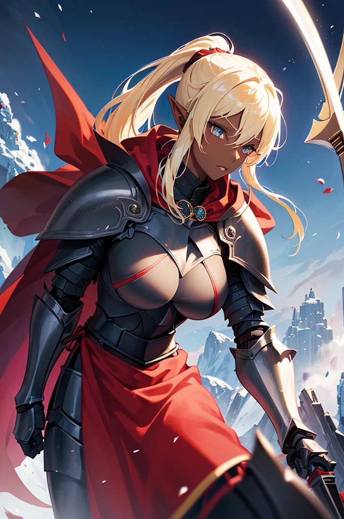 Beautiful images,Detailed Images,Official image,One Woman,Blonde,Blue Eyes,Ponytail Hair,Model body type,(Dark Skin:1.3),Elf Ears,Large Breasts,(Black Knight Heavy Armor,Red Cape:1.3),Carry a sheathed sword on your waist,