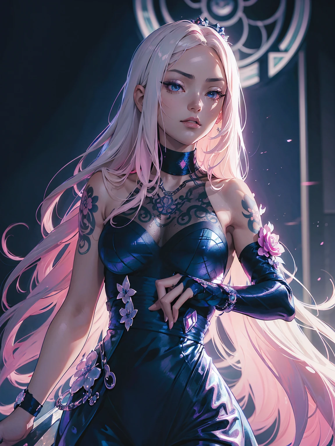 A stunning anime girl with an intricate floral tattoo on her neck, exuding elegance and beauty.,in the style of neon realism, dark pink and light black, gothic art nouveau, anime-inspired character designs, dark white and indigo, bold yet graceful, cyberpunk manga, detailed costumes --ar 3:4