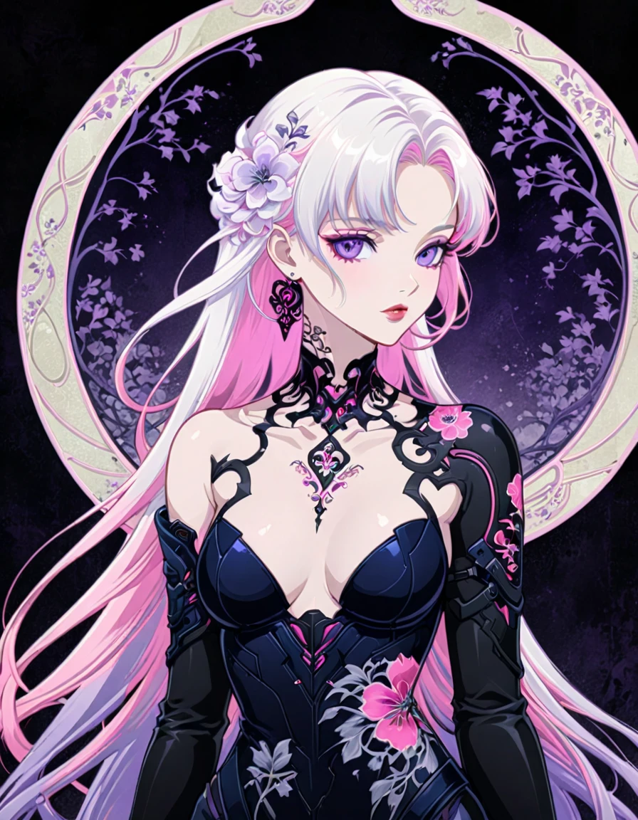 A stunning anime girl with an intricate floral tattoo on her neck, exuding elegance and beauty.,in the style of neon realism, dark pink and light black, gothic art nouveau, anime-inspired character designs, dark white and indigo, bold yet graceful, cyberpunk manga, detailed costumes --ar 3:4