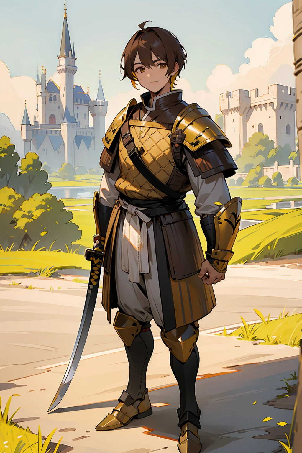 1male, Adult, Brown Eyes, Brown Hair, Yellow Highlighted Hair, Multicolored Hair, Short Hair, Knight Armor, Castle, Katana, Standing on Path, Smile, Sunny Day