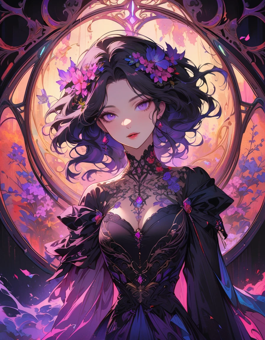 A stunning anime girl with an intricate floral tattoo on her neck, exuding elegance and beauty.,in the style of neon realism, dark pink and light black, gothic art nouveau, anime-inspired character designs, dark white and indigo, bold yet graceful, cyberpunk manga, detailed costumes --ar 3:4