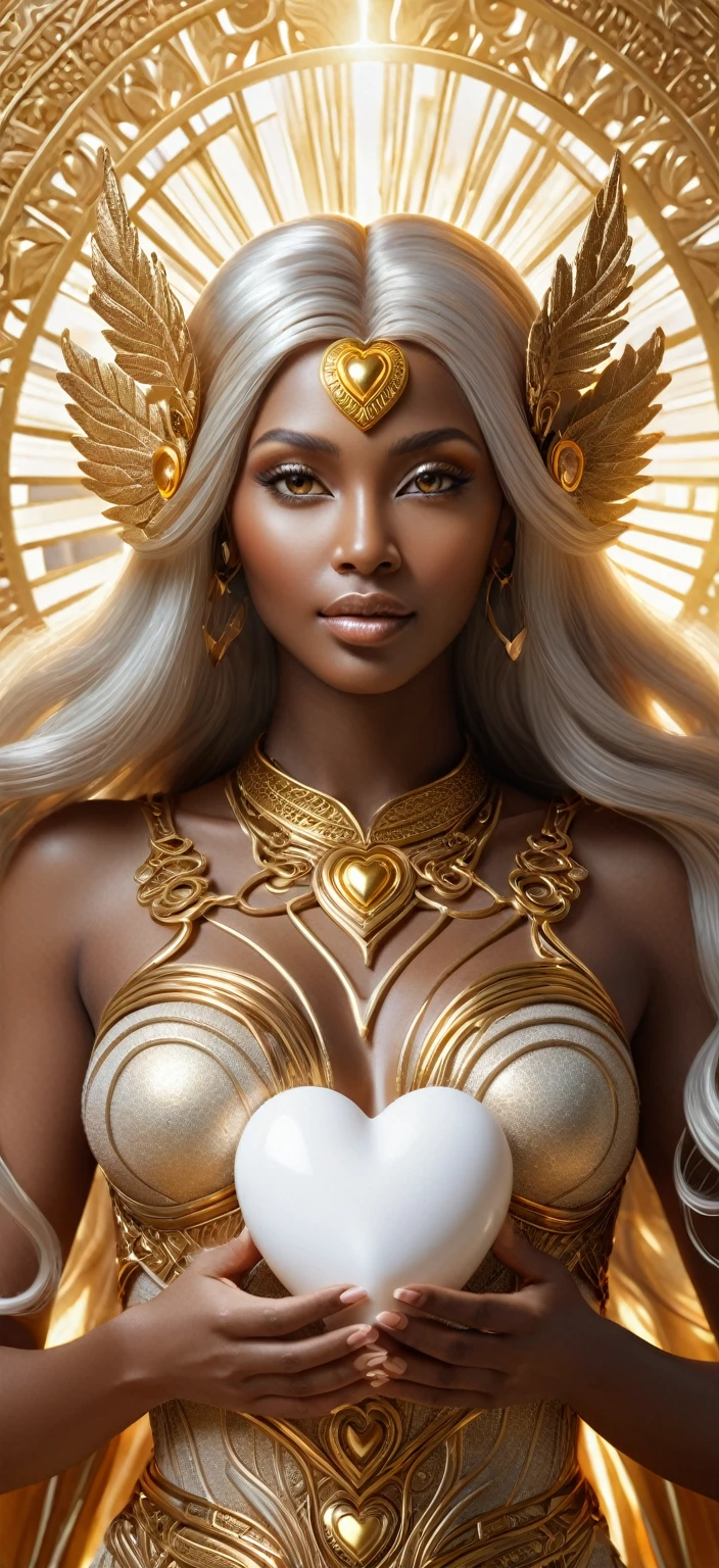 Woman with heart in her hands, goddess. Extremely high detail, goddess close-up portrait, 3 d goddess portrait, a stunning portrait of a goddess, extremely detailed goddess shot, goddess of love and peace, portrait of a beautiful goddess, goddess of light, divine woman, dark skin female goddess of love, goddess portrait, beautiful goddess, goddess art, Golden Aura