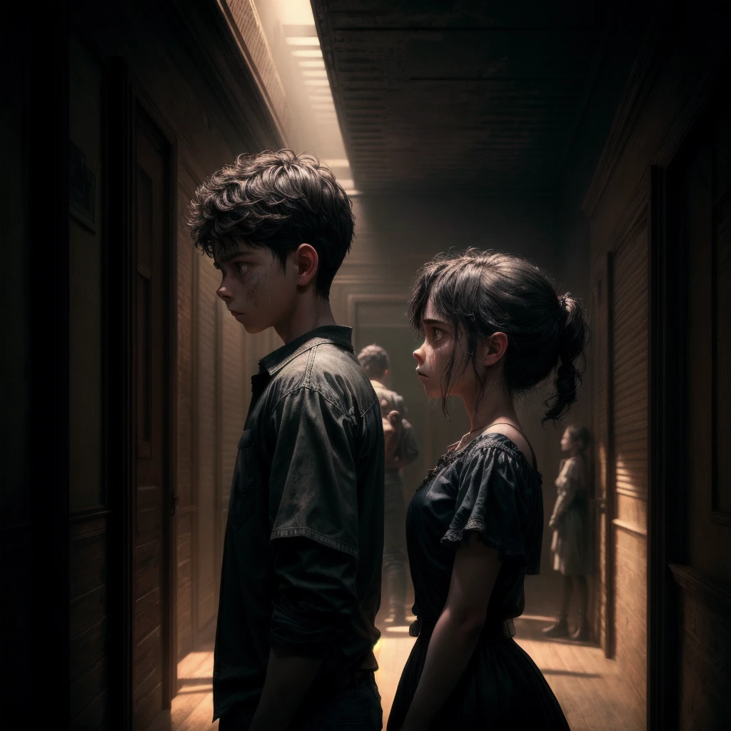 a boy and a girl back to back, sad atmosphere, boy with head down, girl with head raised, cinematic lighting, moody colors, detailed facial features, dramatic shadows, emotional expression, melancholic, atmospheric, realistic, photographic, 8k, high resolution, masterpiece, incredibly detailed, ultra-fine detail