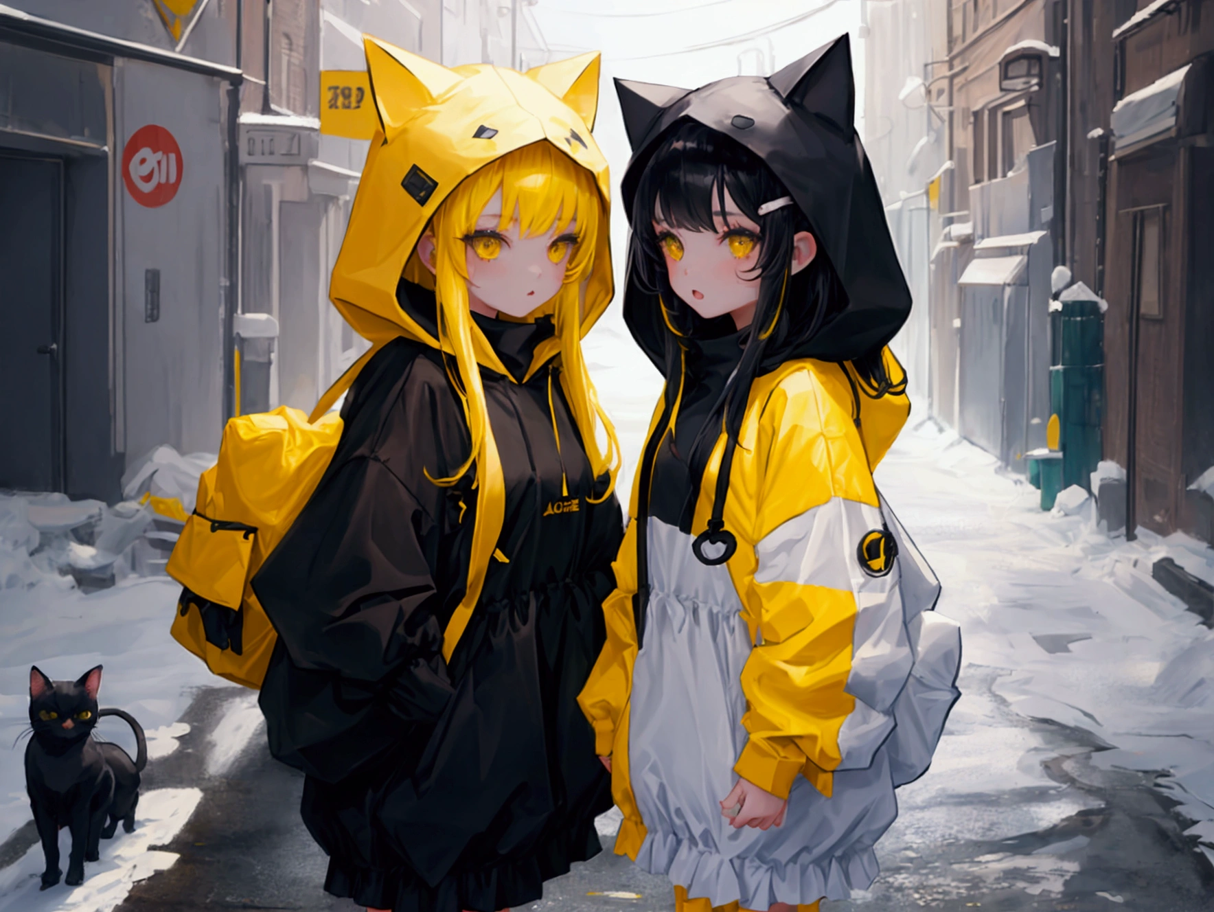 2 cute girls in cat hooded outfits, a girl with black hair and black clothes and another with yellow hair and white clothes