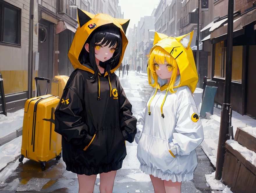 2 cute girls in cat hooded outfits, a girl with black hair and black clothes and another with yellow hair and white clothes