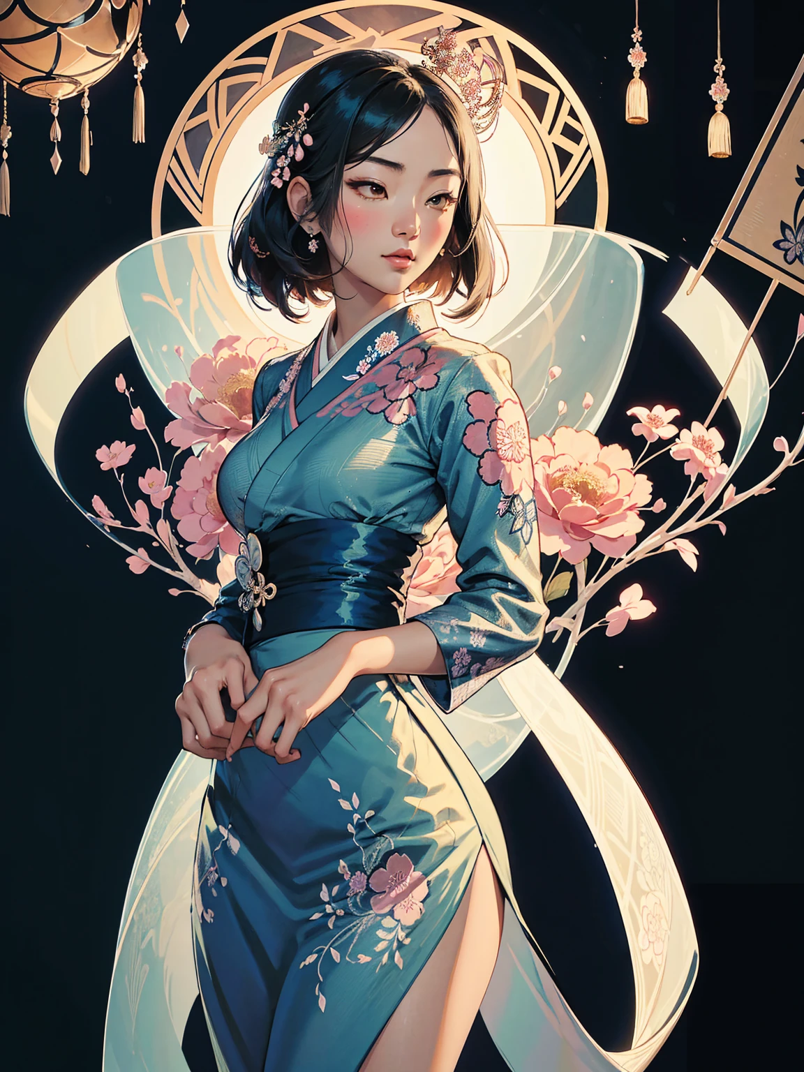 An illustration of an Asian woman's silhouette with traditional Japanese patterns and floral motifs, creating a visually stunning composition on the canvas. The background is adorned with vintage-style elements like lacework details and checkered paper textures. This design adds intricate beauty to your creative projects in the style of traditional Japanese art. --ar 3:4 --niji 6
