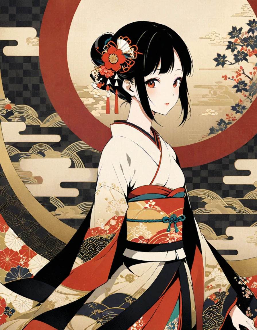 An illustration of an Asian woman's silhouette with traditional Japanese patterns and floral motifs, creating a visually stunning composition on the canvas. The background is adorned with vintage-style elements like lacework details and checkered paper textures. This design adds intricate beauty to your creative projects in the style of traditional Japanese art. --ar 3:4 --niji 6