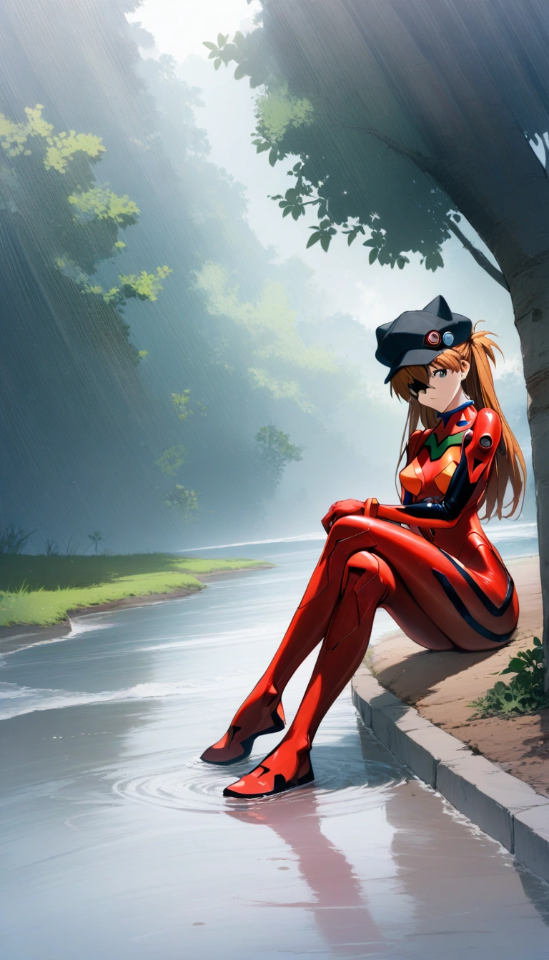 1girl, souryuu asuka langley, neon genesis evangelion, rebuild of evangelion, cat hat, plugsuit, pilot suit, red bodysuit, sitting on ground, crossed legs, black eye patch, looking down, from front, looking at viewer, wet, outdoor, masterpiece, best quality, very aesthetic, absurdres