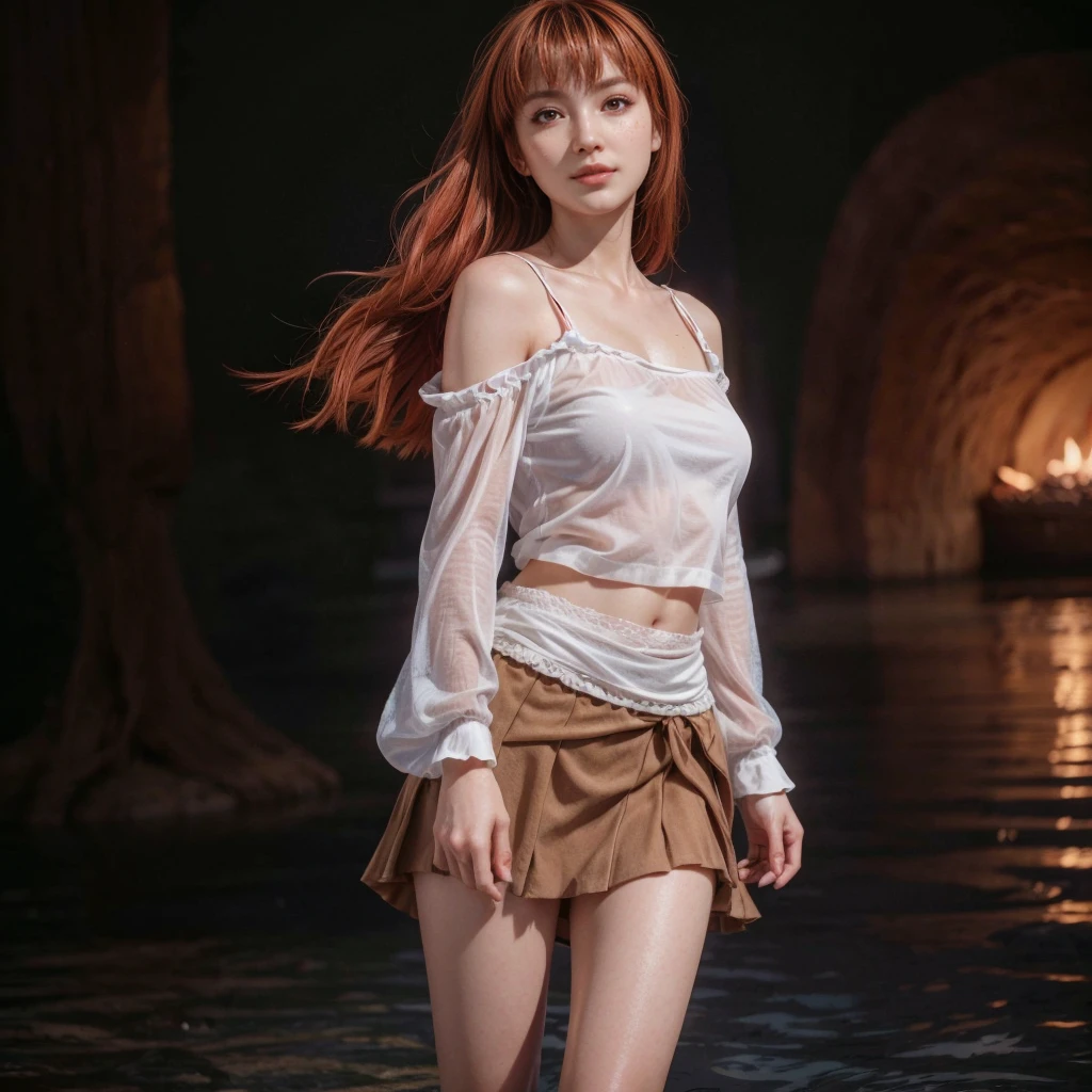 Kasumi, brown eyes, Red Hair, (best quality, ultra detail), (realistic:1.37), beautiful and detailed face, ultra-realistic texture, Delicate face, delicate body, red lipstick, bright colors. high definition, 8K. a soft, beautiful smile