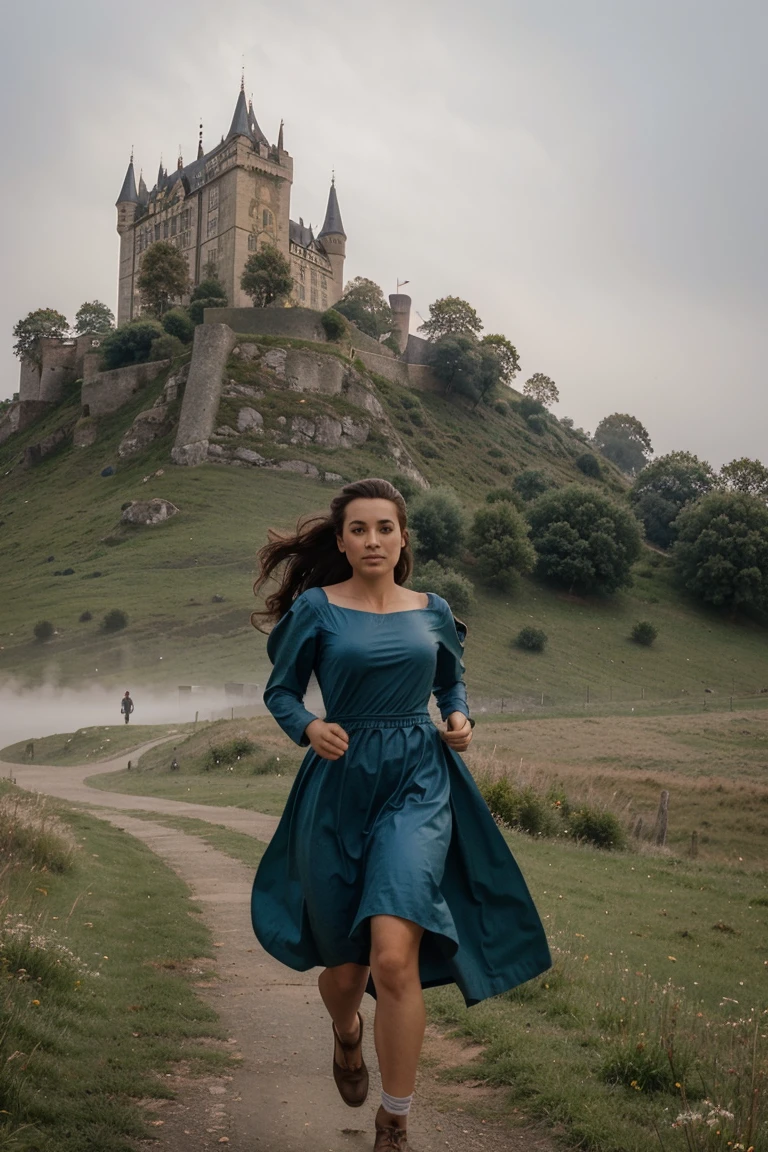 Woman running in a medieval big dress, running towards a castle in the distance, fog around the meadow