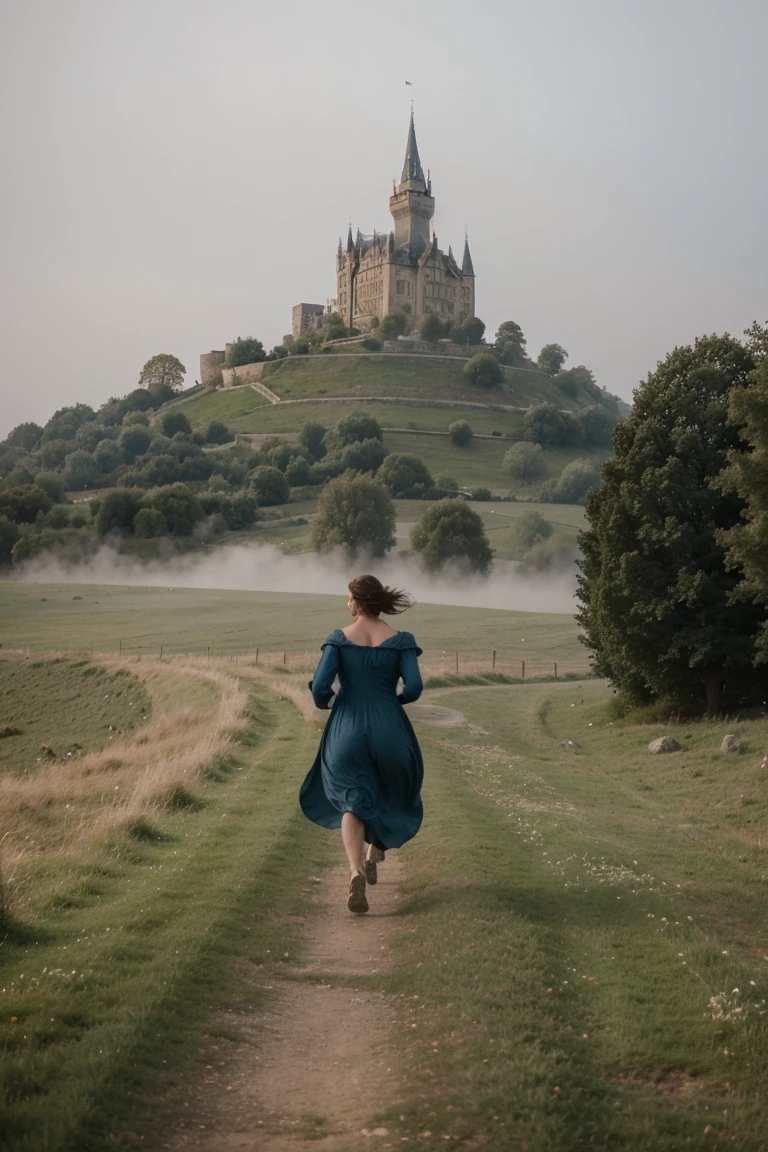 Woman running in a medieval big dress, running towards a castle in the distance, fog around the meadow