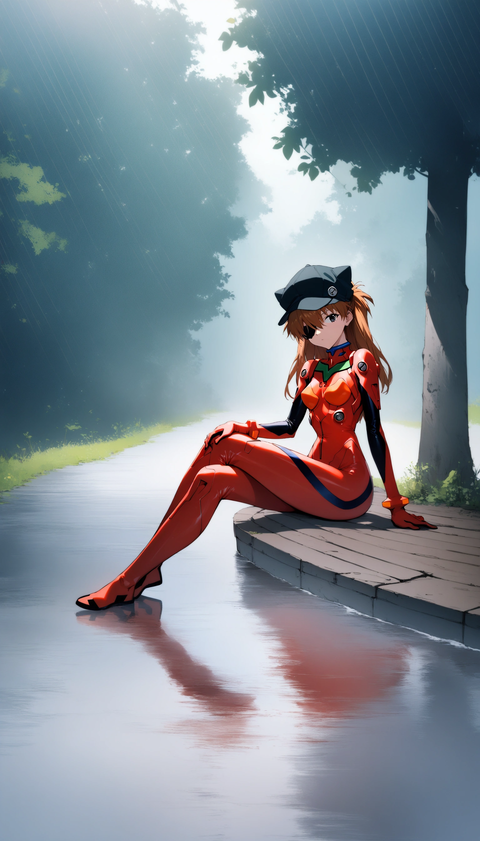 1girl, souryuu asuka langley, neon genesis evangelion, rebuild of evangelion, cat hat, plugsuit, pilot suit, red bodysuit, sitting on ground, crossed legs, black eye patch, looking down, from front, looking at viewer, outdoor, masterpiece, best quality, very aesthetic, absurdres