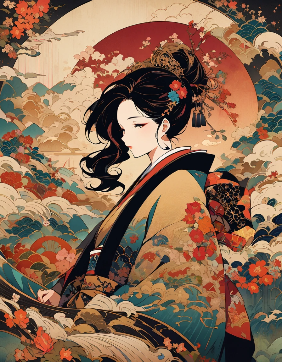 An illustration of an Asian woman's silhouette with traditional Japanese patterns and floral motifs, creating a visually stunning composition on the canvas. The background is adorned with vintage-style elements like lacework details and checkered paper textures. This design adds intricate beauty to your creative projects in the style of traditional Japanese art. --ar 3:4 --niji 6