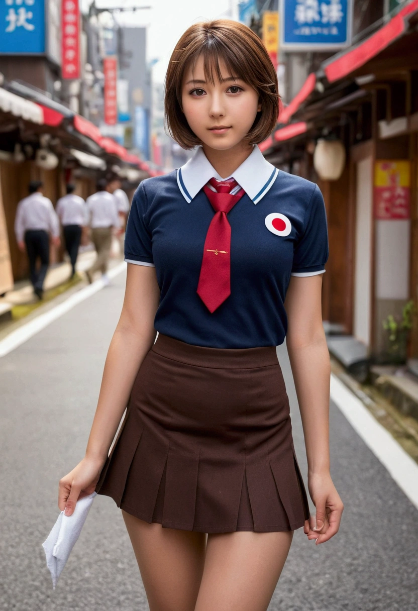 In 8K,Highest quality,The real picture,Intricate details,Ultra-high resolution,Depth Field,Masseter muscle area,Natural soft light,Professional Lighting,One Girl,(cute:1.2),Very beautiful 17 year old girl,Detailed eyes,((Brown eyes)),(Brown Hair),(Short-haired),(Bans),Perfect Skin,Glowing Skin,White skin,Fine skin,Big ample breasts,((Perfect Anatomy,Nice hands,Perfect hands,Five fingers connected to the palm,Accurate needles without discomfort)),Perfect bare legs,Delicate legs,Perfect Proportions,Sexy,I can see your chest,((Japan Uniform)),((Uniform Mini Skirt)),(tie),Black socks,Chano Leather Shoes,Lurking deep in the city,I can see your crotch,Show me your panties in the street,Both legs are bent,Legs are spread in an M shape,,I can see your pants,Slender thighs when viewed from the front