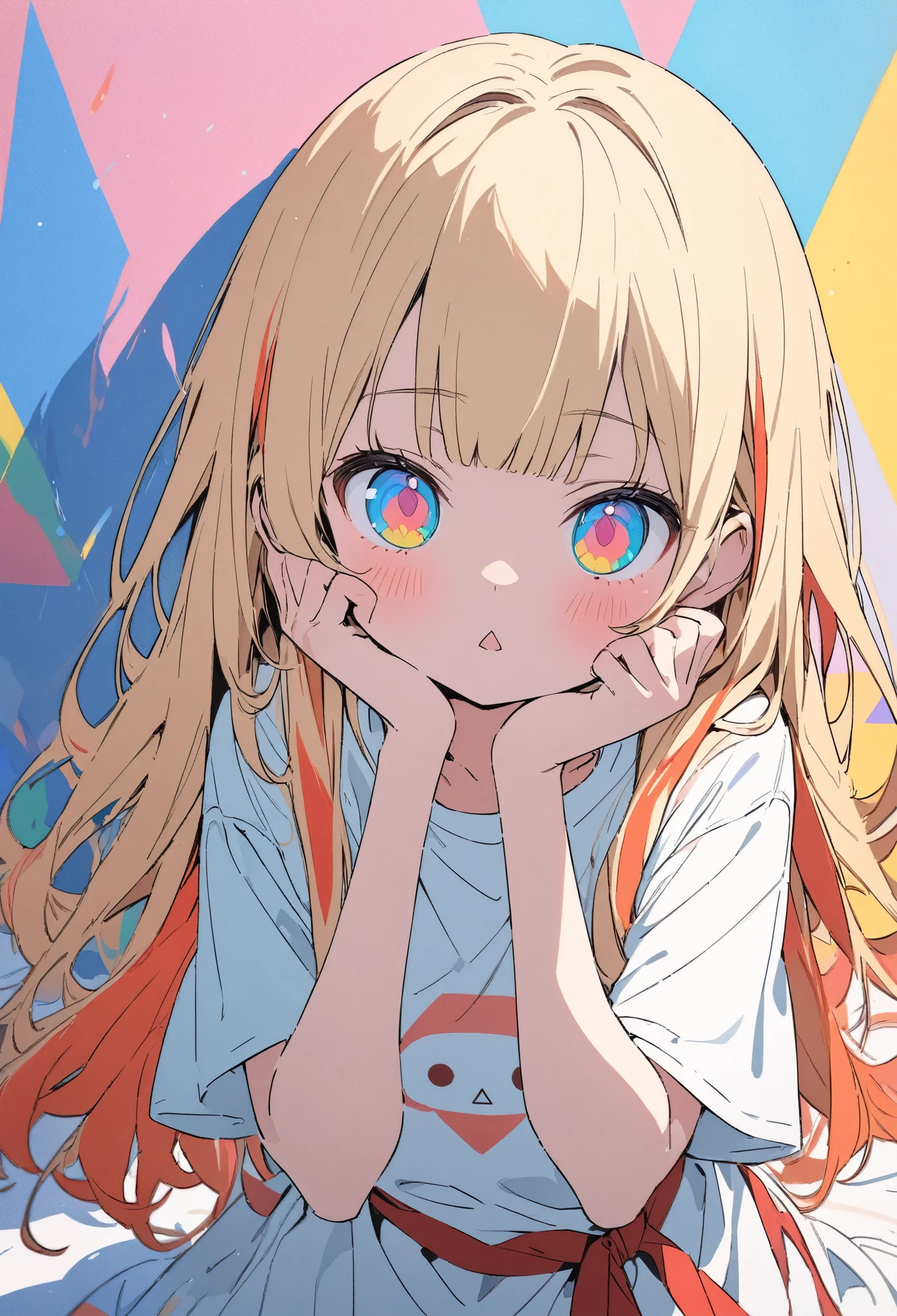 ((Masterpiece)), ((best quality)), (flat color), (flat shading), (super detail:1.2), (High Definition:1.3), ((extremely detailed)), (8K), (Professional Photography:1.2), (very aesthetic:1.2), (absurdres:1.2), (sharp focus), (perfect light), (drop shadow), (()), cute young Girl, Glossy straight hair, (loose blunt bangs), blonde hair with red, ((red streaked hair)), highlights hair, ((jitome)), (glitter eyes), long hair, big eyes, colorful eyes, (Beautiful Jewel eyes), blush, ((triangle mouth)), cute cheeks, glossy lips, BREAK, ((best quality)), ribbon belt, (Oversized loose thin T-shirt), bare arms, ((Place both hands on the cheeks)), (colorful), cute makeup, ((against the Colorful pastel wall)), cute, (Beautiful lily painting),