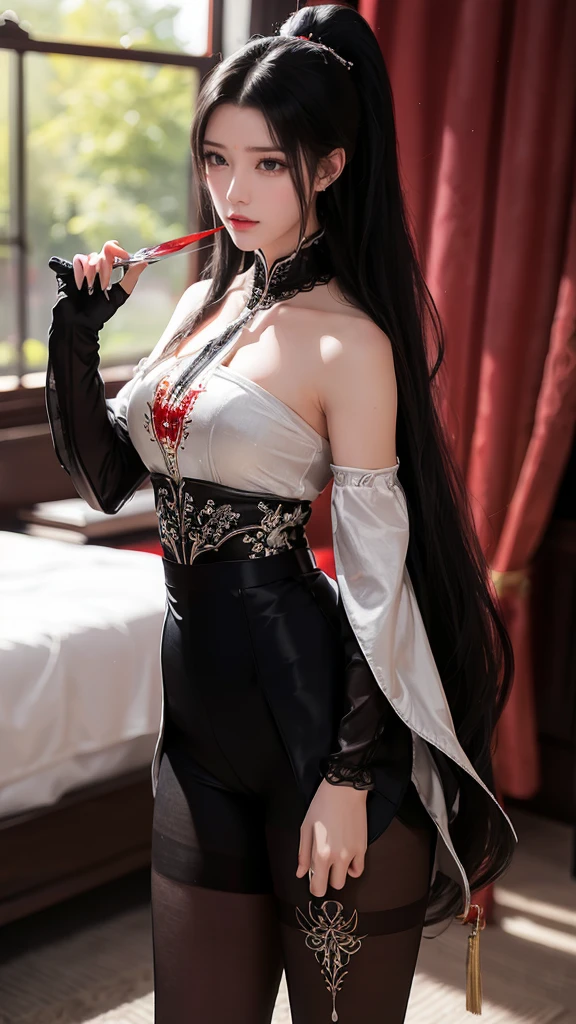 1girl, ray tracing, (dim lighting), (detailed background ), (l) with high ponytail) Avoid blonde eyes in the ominous bedroom (((girl wears intricately embroidered black high-waisted pants with pantyhose) as), showing a delicate slim figure and graceful curves, correc,Black hair, 20 year old vampire woman, beautiful, beauty, black and red duchess dress, long wavy hair, red eyes, mouth with blood, holding a silver knife, a silver cord Around the neck, black and formal clothes, black red lace gloves