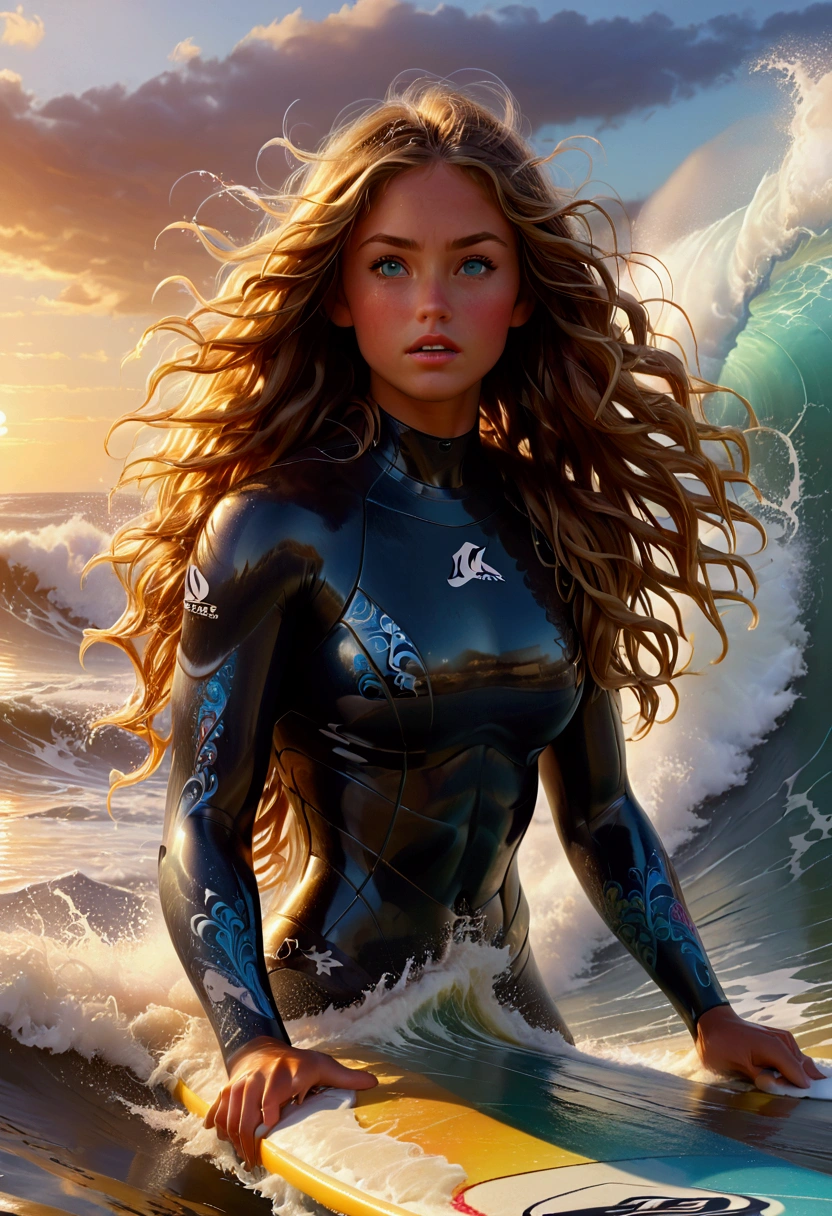 1girl, Surfing, a surfer riding a huge wave, ocean waves crashing, beautiful detailed eyes, beautiful detailed lips, extremely detailed face and skin, long hair blowing in the wind, muscular fit body, ocean spray, golden hour lighting, vibrant colors, cinematic composition, 8k, highres, masterpiece, best quality, very aesthetic, absurdres