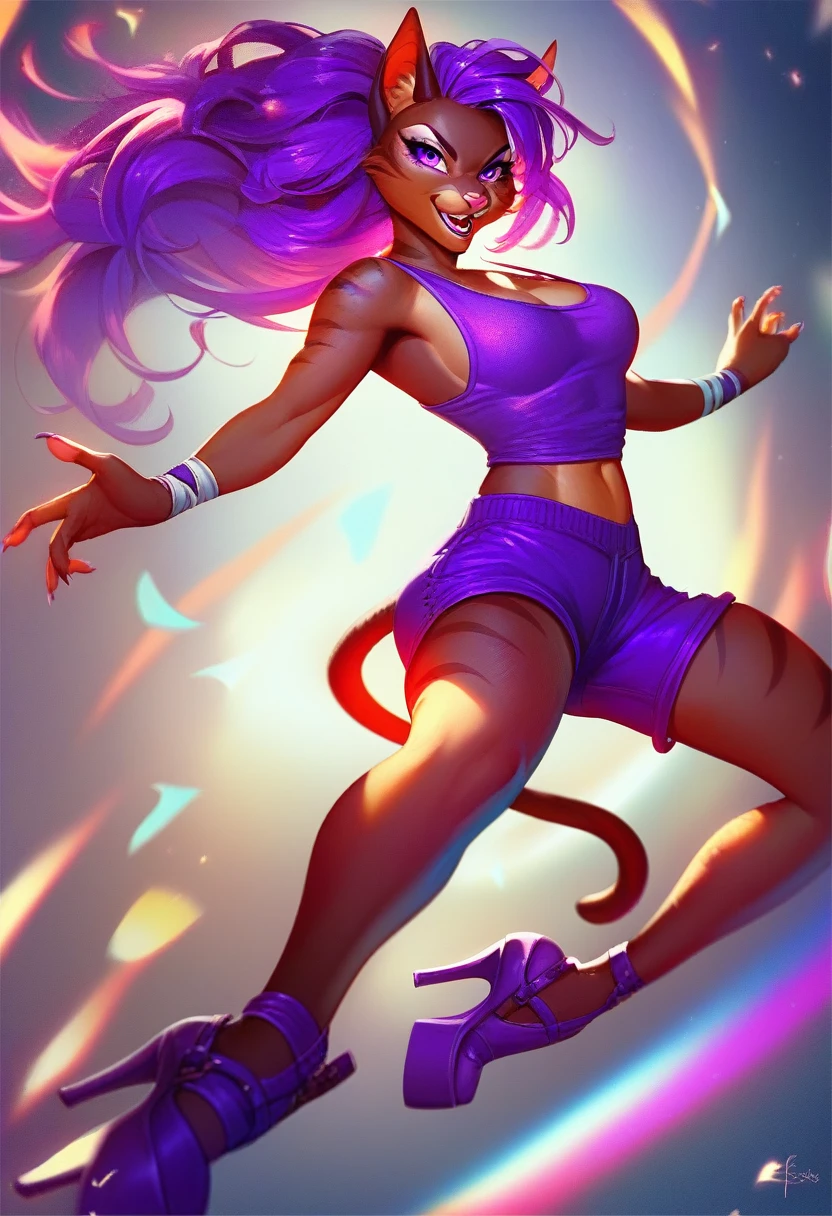 A (anthro cat form, ninja goddess with short purple hair and purple eyes), (((wearing a purple tank top, purple shorts, and high heel shoes with black and purple details))) ninja style, ((posing with shurikens in her hands)), highly detailed, dynamic pose, 8k, hyper detailed, studio lighting, sharp focus, intricate details, elegant, graceful, dynamic, action pose, female lead, dramatic lighting, cinematic composition
