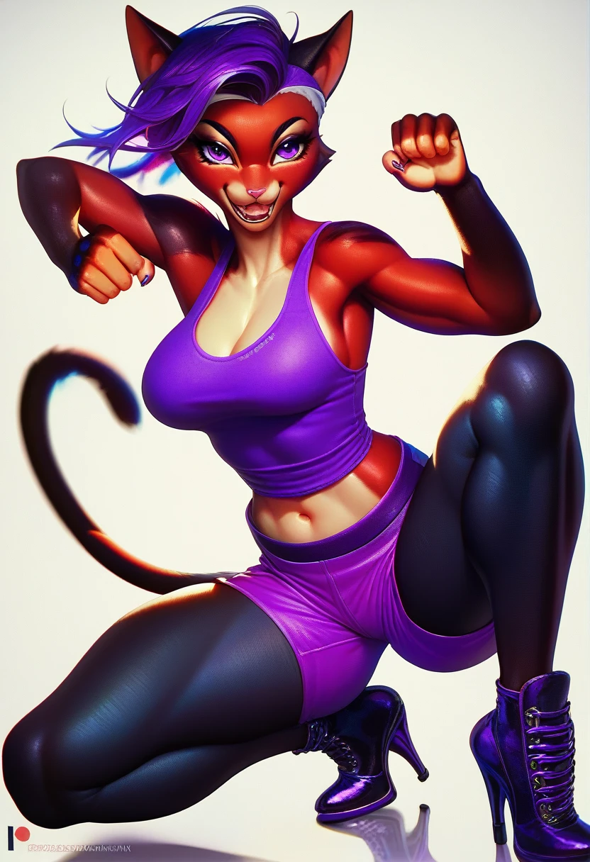 A (anthro cat form, ninja goddess with short purple hair and purple eyes), (((wearing a purple tank top, purple shorts, and high heel shoes with black and purple details))) ninja style, ((posing with shurikens in her hands)), highly detailed, dynamic pose, 8k, hyper detailed, studio lighting, sharp focus, intricate details, elegant, graceful, dynamic, action pose, female lead, dramatic lighting, cinematic composition
