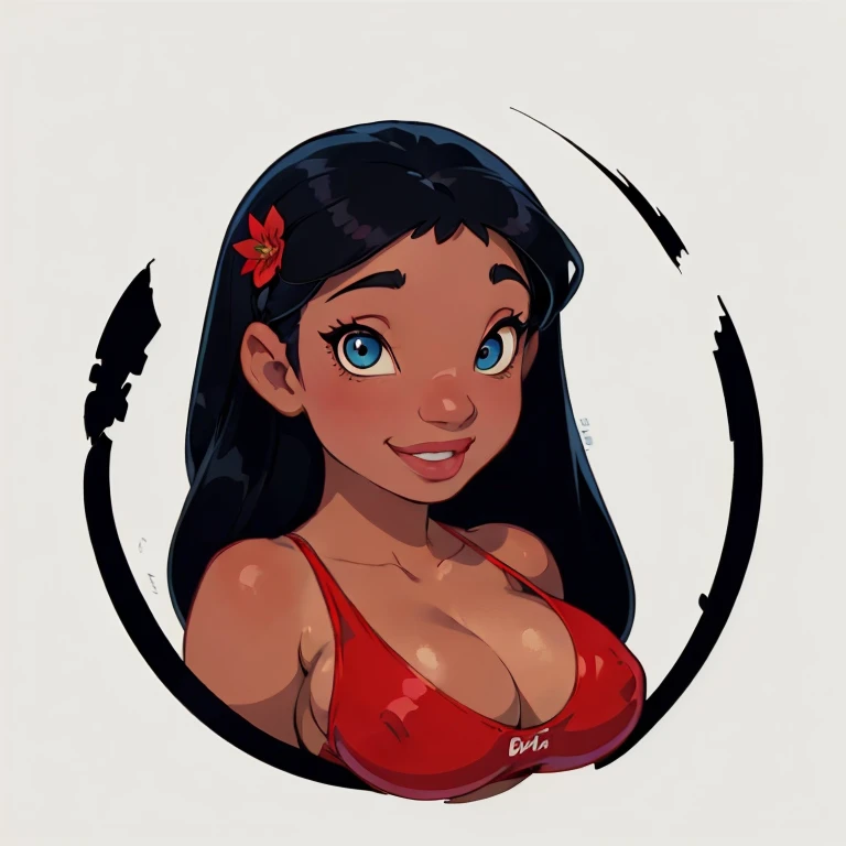 ((1girl, NaniWaifu, dark skin, tan skin, white background, black hair, clean: 1.3, red one-piece swimsuit:1.3, hair flower)), upper body, anatomically correct, simple background, cleavage, looking at the viewer, detailed eyes, perfect eyes, seductive look, looking at viewer, big smile
