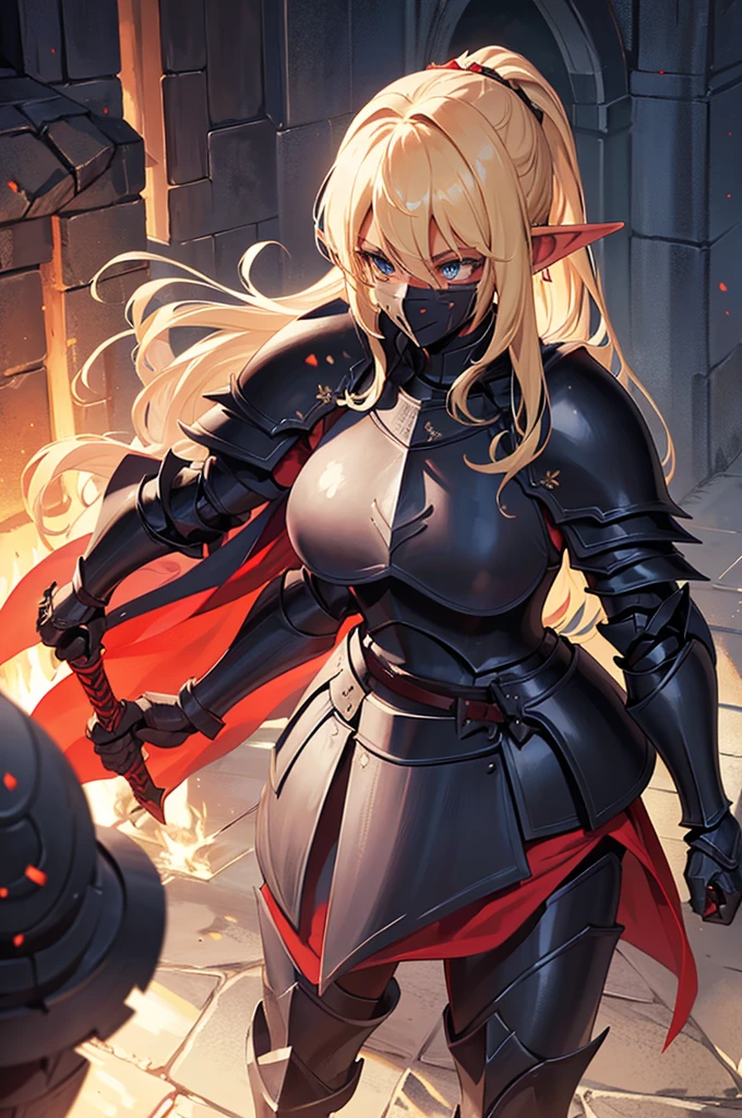 Beautiful images,Detailed Images,Official image,One Woman,Blonde,Blue Eyes,Ponytail Hair,Model body type,(Dark Skin:1.3),Elf Ears,Large ,(Black Knight Heavy Armor,Black Gauntlet,Red Cape:1.3),Carry a sheathed sword on your waist,