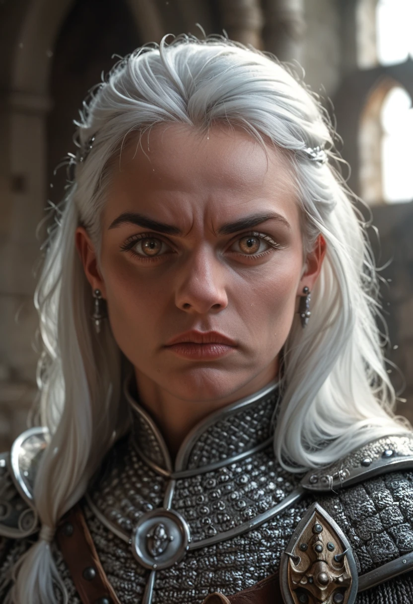 a mighty dragon-riding warrior king, detailed face, piercing eyes, stern expression, long white hair, ornate armor, embroidered cloak, majestic posture, medieval castle backdrop, dramatic lighting, cinematic composition, highly detailed, photorealistic, fantasy art