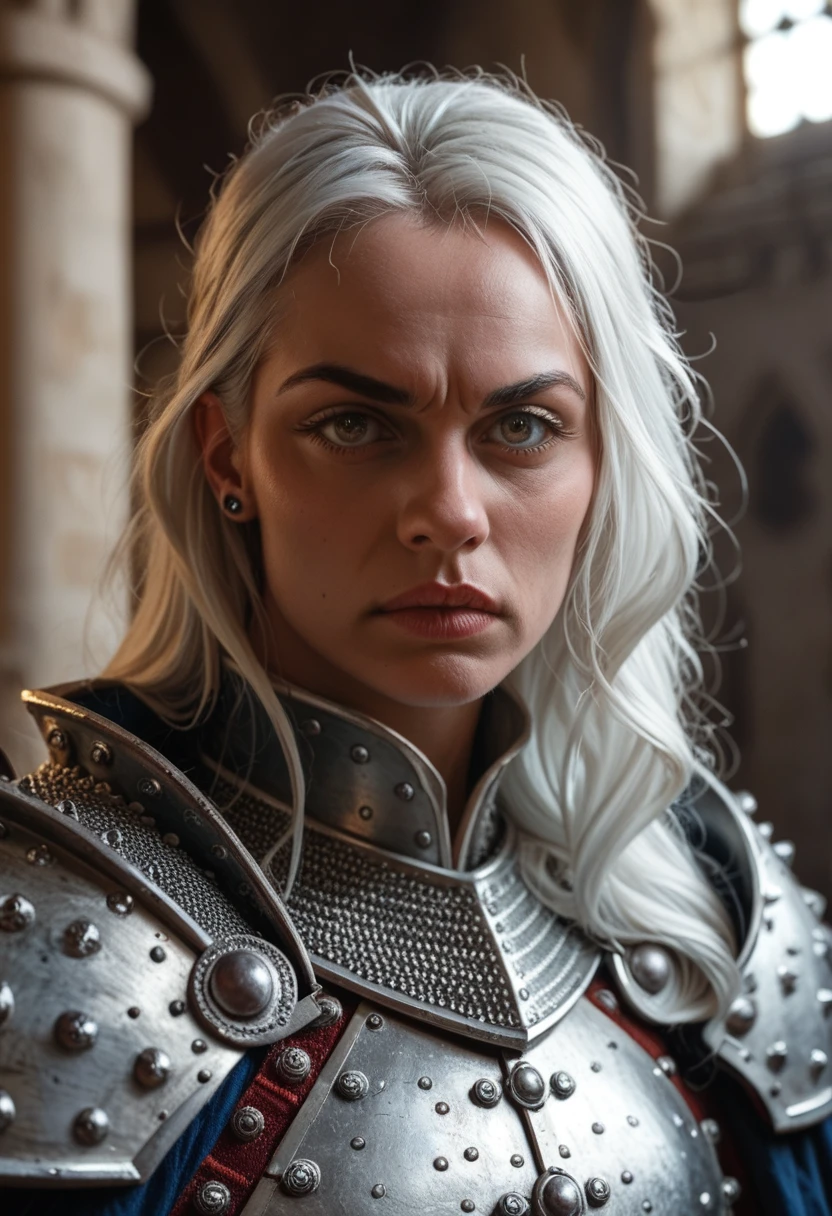 a mighty dragon-riding warrior king, detailed face, piercing eyes, stern expression, long white hair, ornate armor, embroidered cloak, majestic posture, medieval castle backdrop, dramatic lighting, cinematic composition, highly detailed, photorealistic, fantasy art