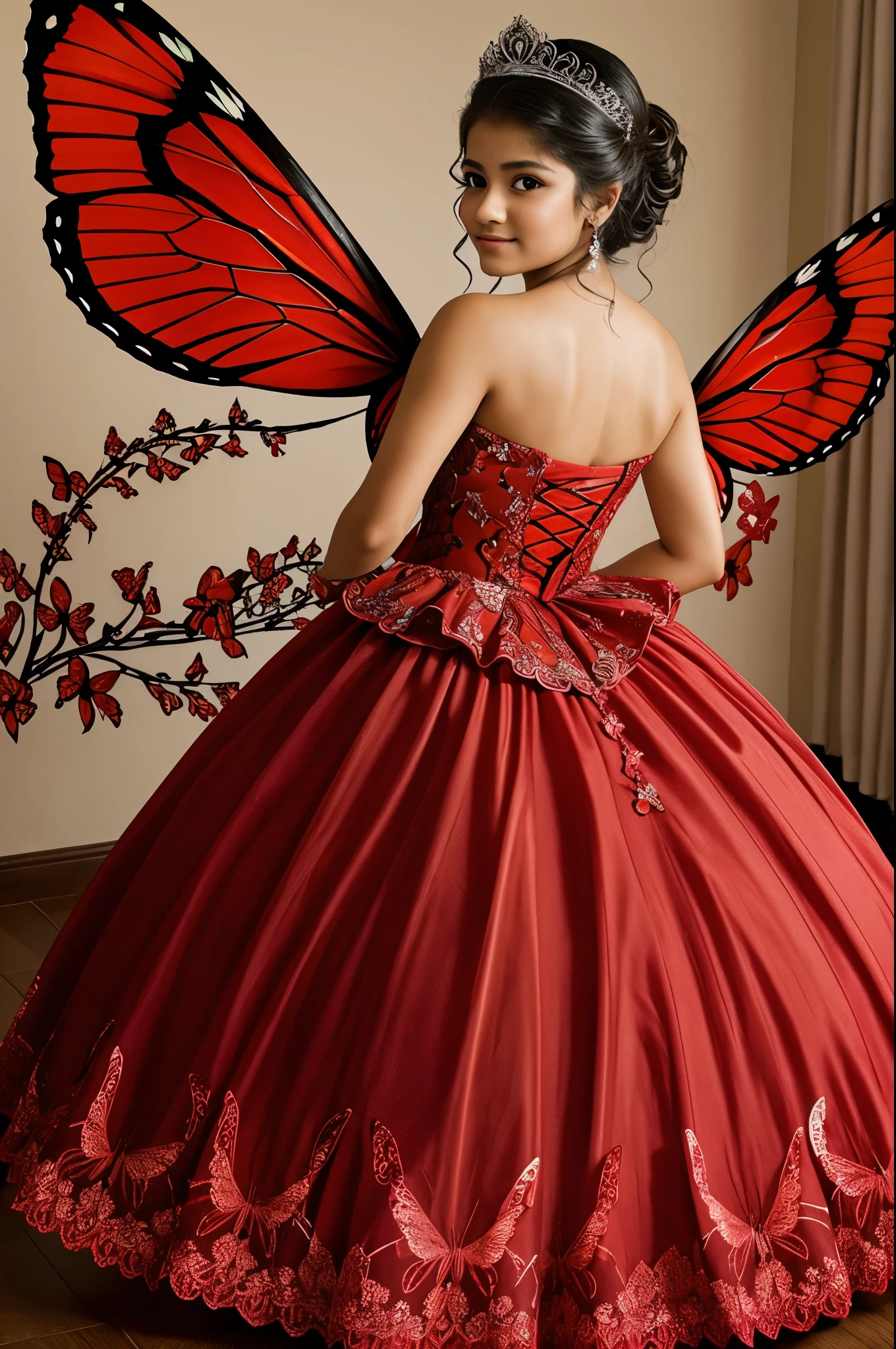 Quinceañera drawing with red butterfly wings 