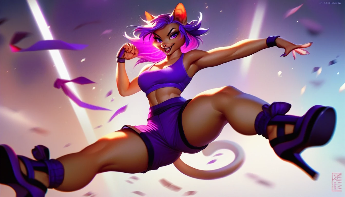 A (anthro cat form, ninja goddess with short purple hair and purple eyes), (((wearing a purple tank top, purple shorts, and high heel shoes with black and purple details))) ninja style, ((posing with shurikens in her hands)), highly detailed, dynamic pose, 8k, hyper detailed, studio lighting, sharp focus, intricate details, elegant, graceful, dynamic, action pose, female lead, dramatic lighting, cinematic composition
