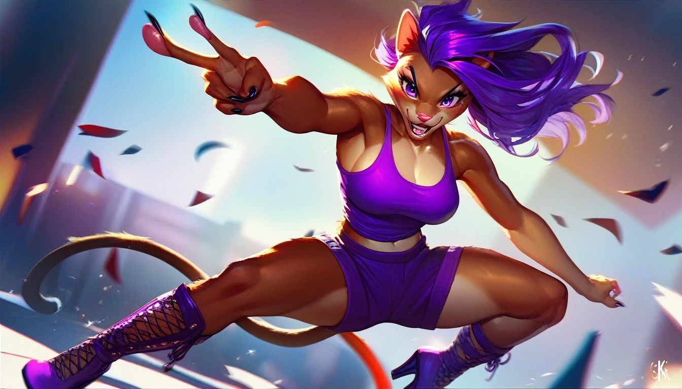 A (anthro cat form, ninja goddess with short purple hair and purple eyes), (((wearing a purple tank top, purple shorts, and high heel shoes with black and purple details))) ninja style, ((posing with shurikens in her hands)), highly detailed, dynamic pose, 8k, hyper detailed, studio lighting, sharp focus, intricate details, elegant, graceful, dynamic, action pose, female lead, dramatic lighting, cinematic composition
