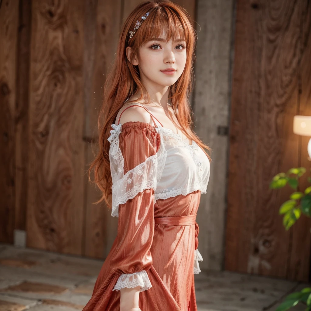 Kasumi, brown eyes, Red Hair, (best quality, ultra detail), (realistic:1.37), beautiful and detailed face, ultra-realistic texture, Delicate face, delicate body, red lipstick, bright colors. high definition, 8K. a soft, beautiful smile