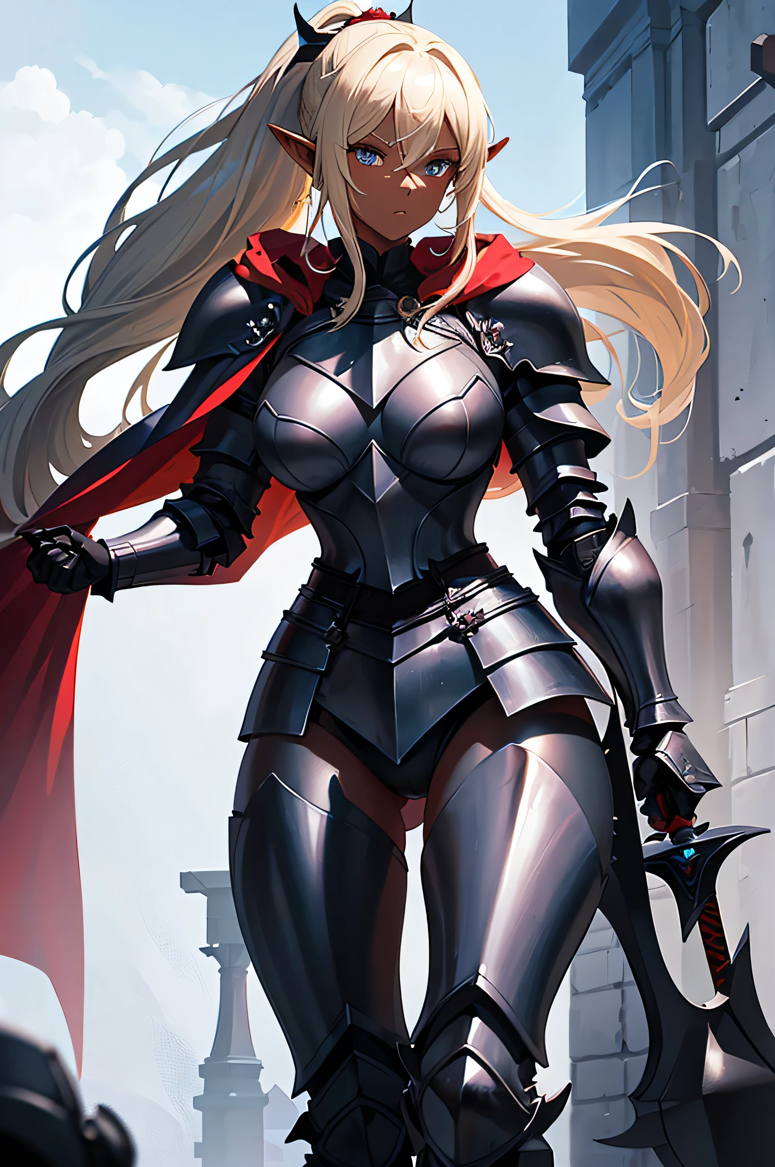 Beautiful images,Detailed Images,Official image,One Woman,Blonde,Blue Eyes,Ponytail Hair,Model body type,(Dark Skin:1.3),Elf Ears,Large Breasts,(Black Knight Heavy Armor,Black Gauntlet,Red Cape:1.3),Carry a sheathed sword on your waist,