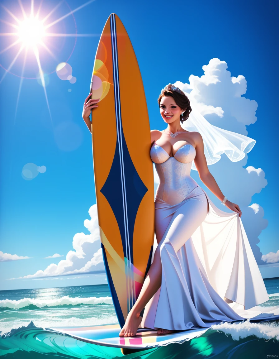 a portrait of a bride surfing the waves, on a sunny day in ocean, an exotic beautiful bride, ((anatomically correct: 1.5)) ultra detailed face, dynamic hair color, dynamic hair style, dynamic skin complexion, (best detailed face: 1.5), busty wearing intricate, elegant bride's dress, glamour bride dress, barefoot, she is surfing on ((surf board: 1.5)) she surfs a massive wave, sunny day, sun rays, some clouds, wavy ocean background, vibrant, Ultra-high resolution, High Contrast, (masterpiece:1.5), highest quality, Best aesthetics), best details, best quality, highres, 16k, (ultra detailed: 1.5), masterpiece, best quality, (extremely detailed) RAW, (ultra details, Masterpiece, best quality), wedding dress, Cinematic Hollywood Film