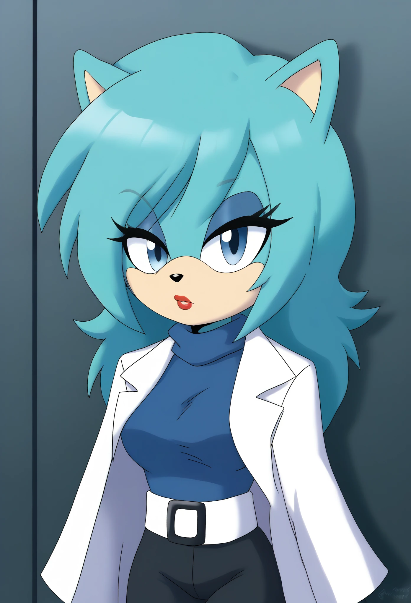 (1girl), (solo), Female Hedgehog, Bulma Briefs hairstyle, aqua fur, aqua hair, long hair, fringe_trim styled hair bangs, blue eyes, medium bust, white lab coat, open lab coat, blue tube top, black yoga pants, white belt, makeup, lipstick, eyelashes, expressionless, outdoors, daytime, mobian, mobius city
