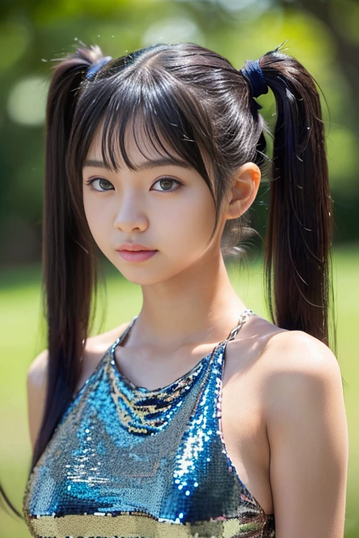 ((Upper body nude)）((Upper body nude)）((15-year-old girl))(Highest quality,masterpiece:1.3,Ultra-high resolution),(Very detailed、Caustics) (Realistic:1.4, RAW shooting、)Ultra-Realistic Capture、Very detailed、Natural skin texture、masterpiece、(Japanese girl in a sequined dress:1.3)、Adorable expression、Expressions of happiness、14 years old、height: 160cm、Young Face、Amazingly cute、Twin tail hairstyle、Straight hair、Scrunchie、Black Hair、light makeup、Her huge breasts&#39;It&#39;s about to explode、Bare arms、Shining thighs、Shining ass、Shooting in a neon city at night、smile、An inviting gaze、Anatomically correct、Cowboy Shot、Attention to detail、A pose that emphasizes the chest、