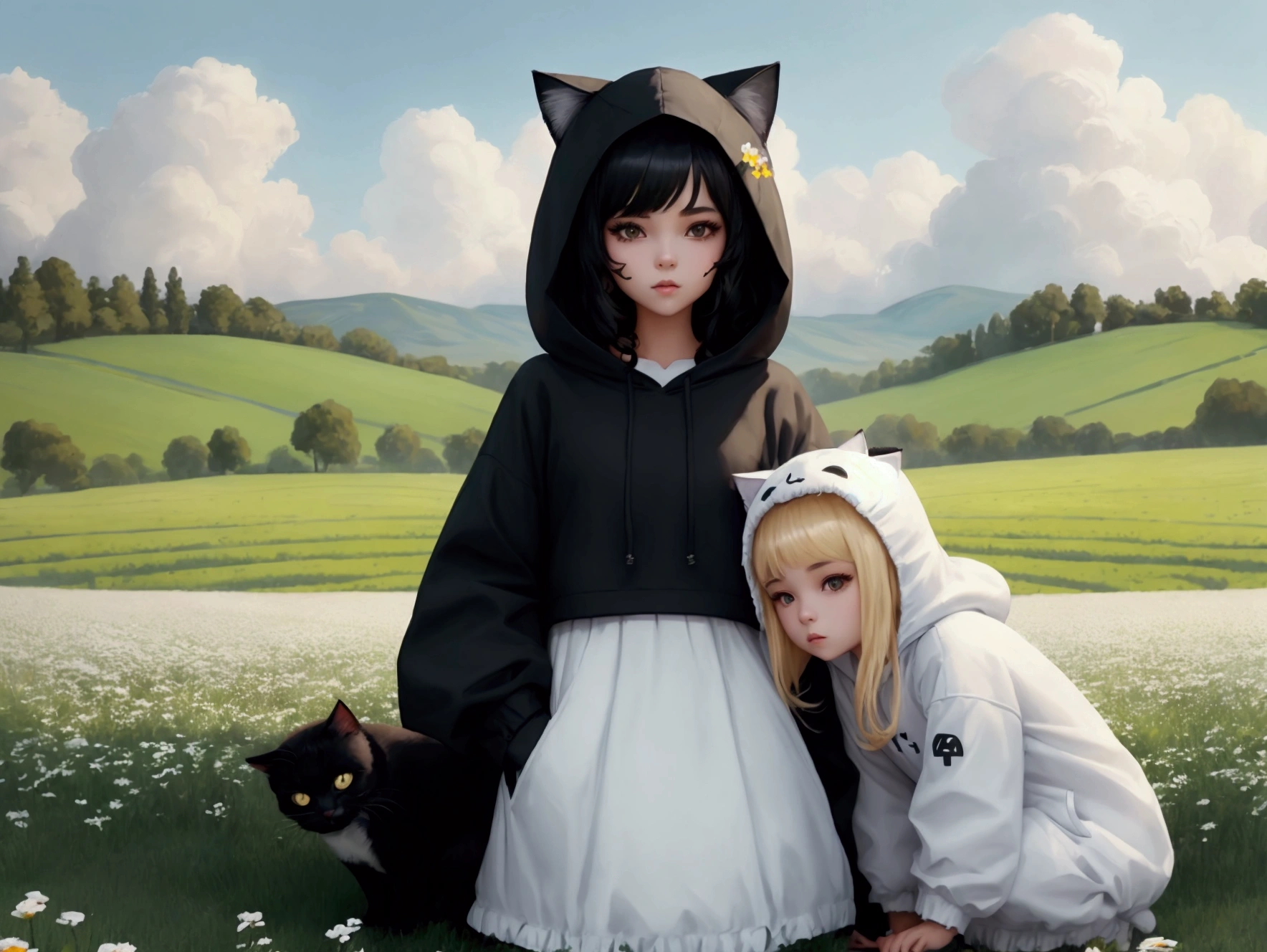 2 cute girls in cat hooded outfits, a girl with black hair and black clothes and another with blonde hair and white clothes, field of flowers in the background