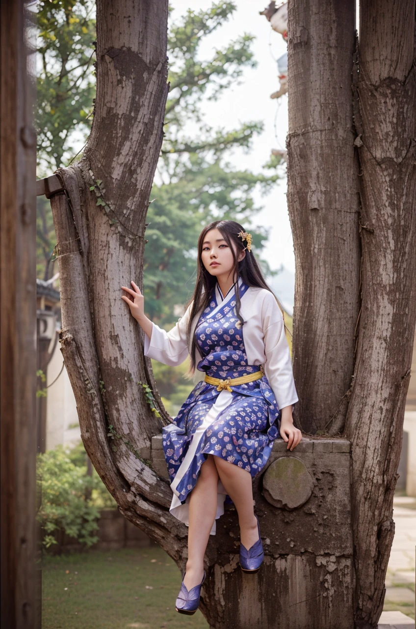 An Araffa woman in a yellow kimono sits on a ledge, palace , Girl from Hanfu, realistic anime 3D style, work in Guweiz style, Beautiful character art, 3D anime realistic, trending on cgstation, 3d in anime style, wearing ancient Chinese clothing, Chinese, Artgerm and Atey Gaylan