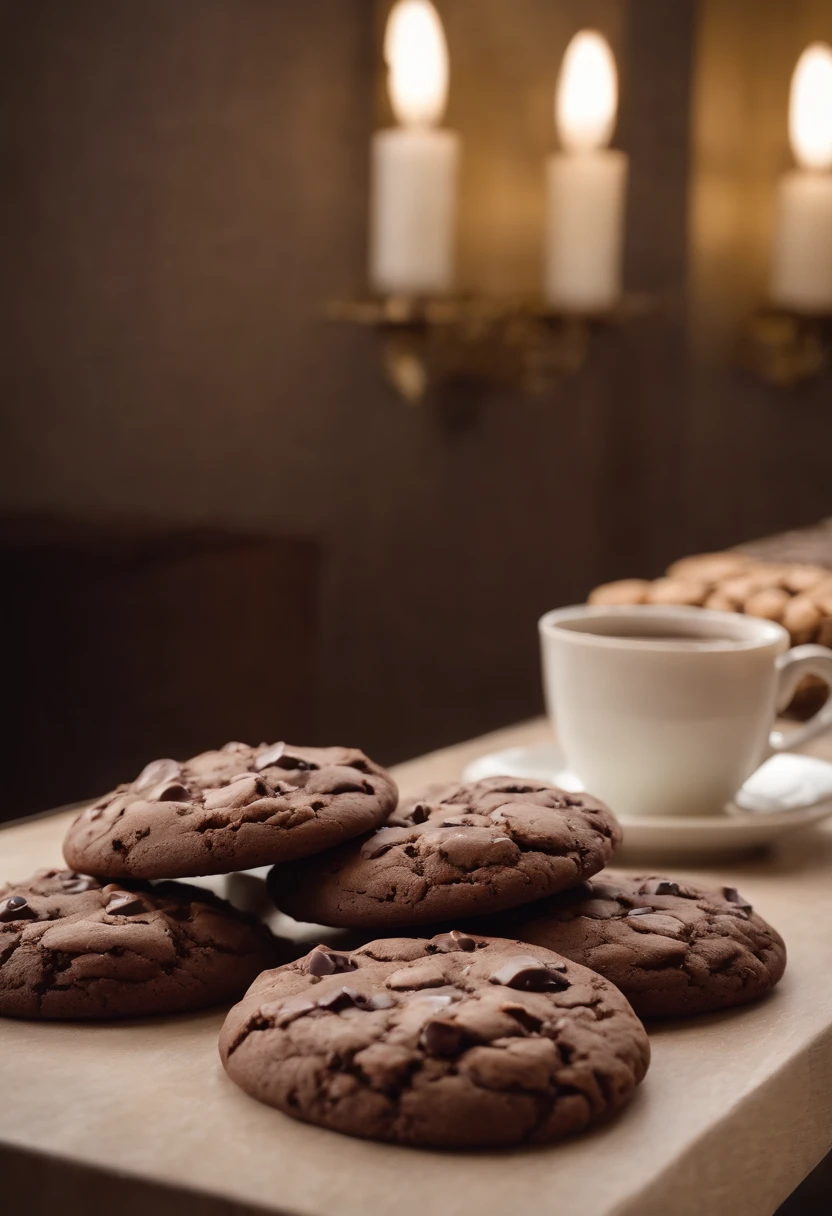 Cookies gordos marrons de chocolate;(inside a hotel); fat chocolate cookies on a hotel counter; realisitic; 8k; at the hotel reception desk there are plump chocolate cookies; cookies brownie; photo by the best photographer in the world; maximum perfection, top-quality; the hotel has guests in the lobby and a coffee table with fat chocolate cookies; lobby with cookies in the center; cookies de chocolate.