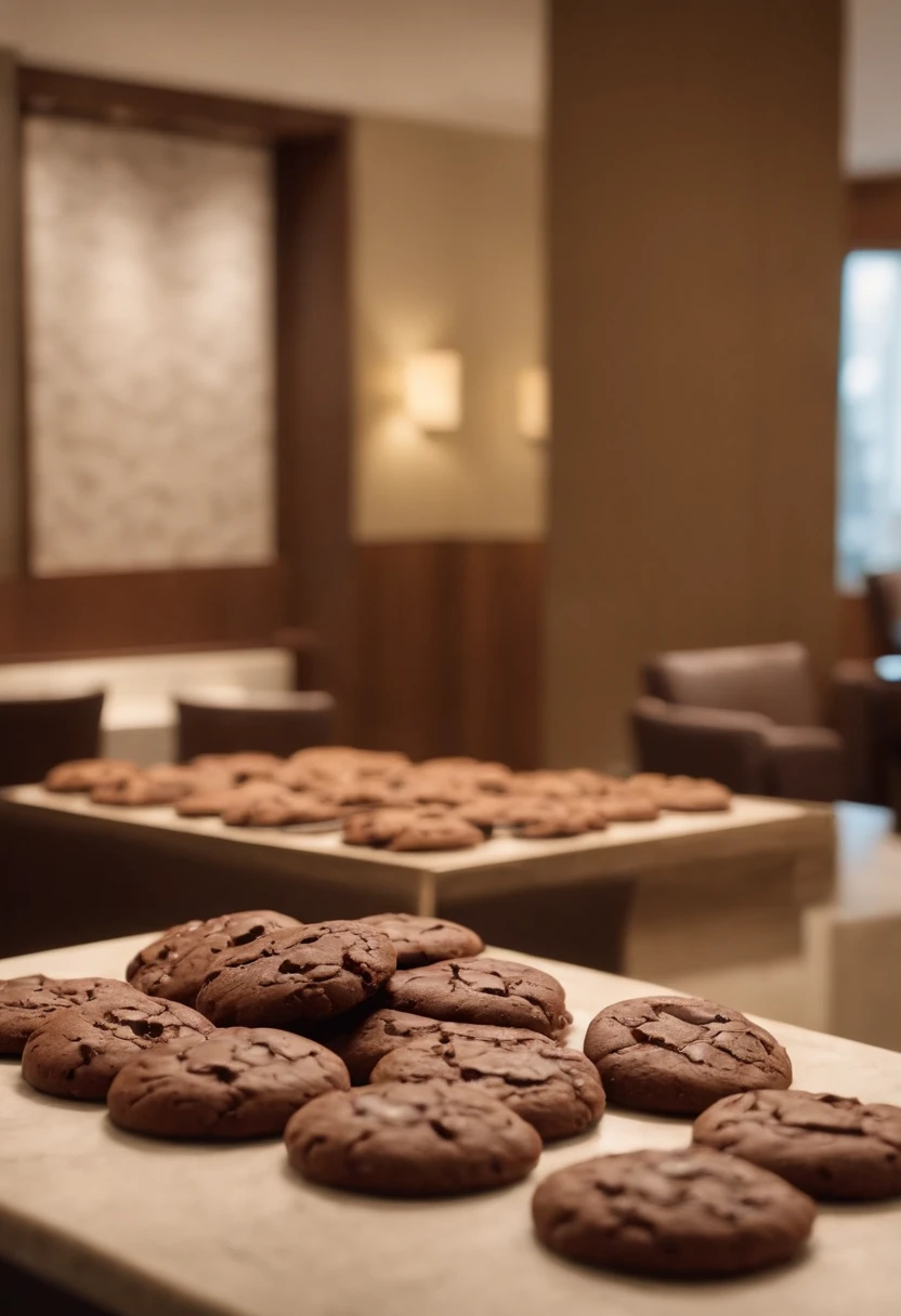 Cookies gordos marrons de chocolate;(inside a hotel); fat chocolate cookies on a hotel counter; realisitic; 8k; at the hotel reception desk there are plump chocolate cookies; cookies brownie; photo by the best photographer in the world; maximum perfection, top-quality; the hotel has guests in the lobby and a coffee table with fat chocolate cookies; lobby with cookies in the center; cookies de chocolate.
