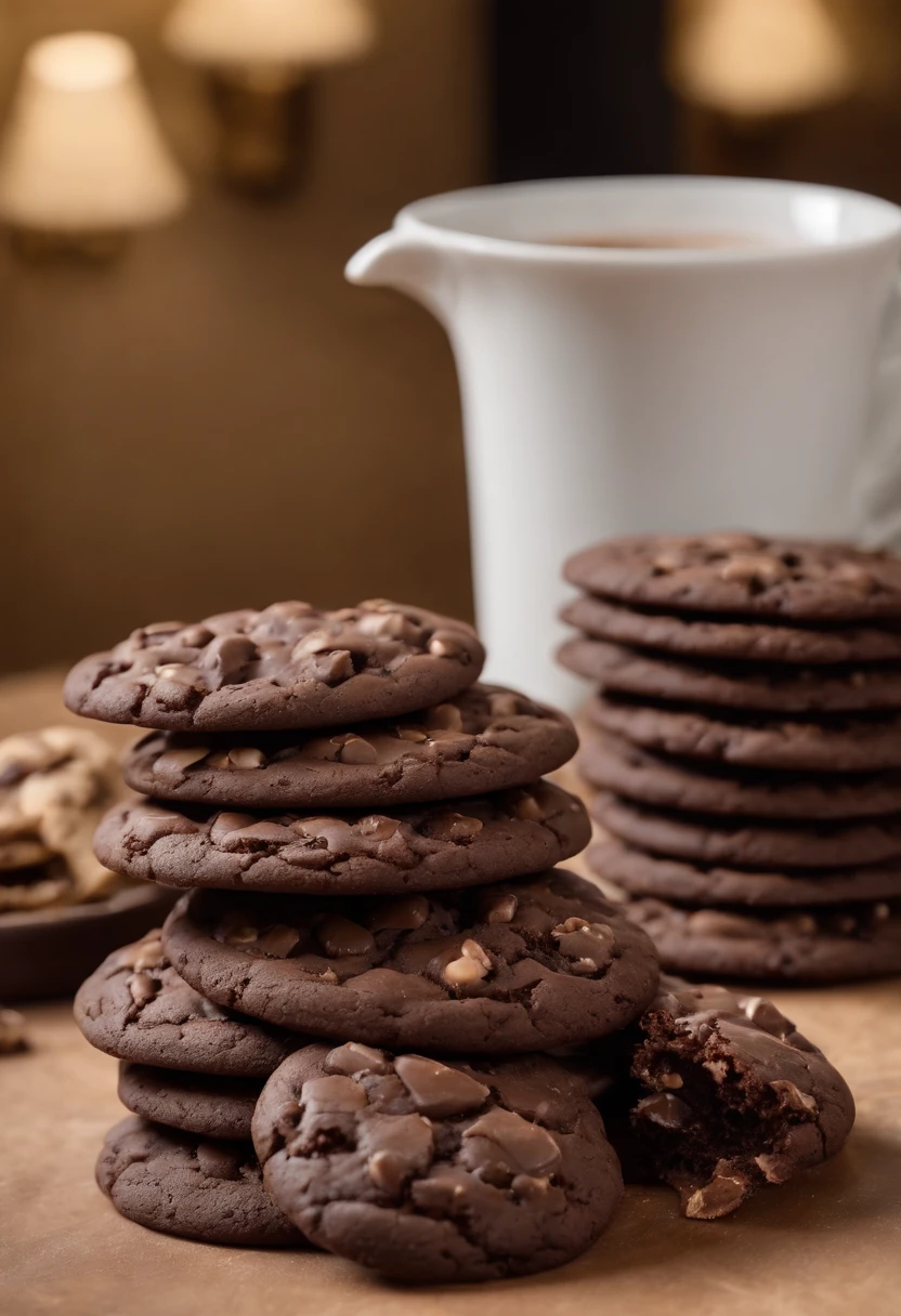 Cookies gordos marrons de chocolate;(inside a hotel); fat chocolate cookies on a hotel counter; realisitic; 8k; at the hotel reception desk there are plump chocolate cookies; cookies brownie; photo by the best photographer in the world; maximum perfection, top-quality; the hotel has guests in the lobby and a coffee table with fat chocolate cookies; lobby with cookies in the center; cookies de chocolate.