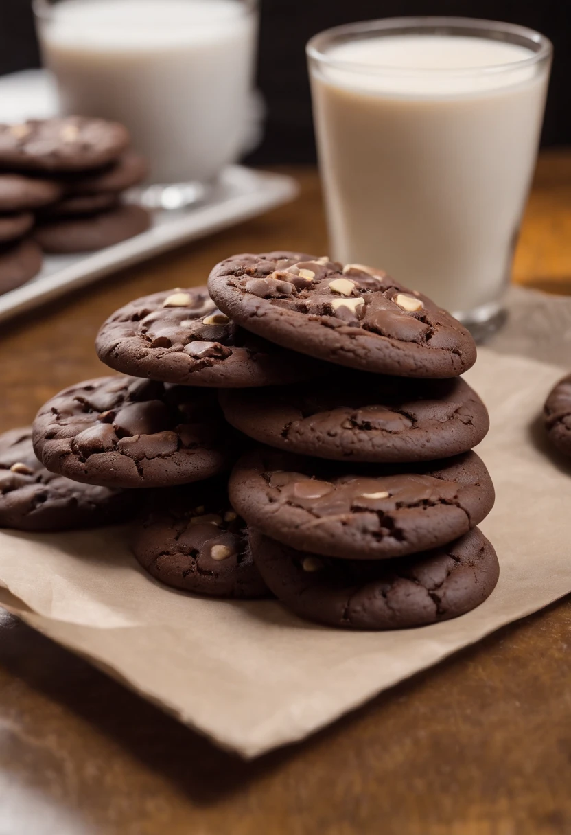 Cookies gordos marrons de chocolate;(inside a hotel); fat chocolate cookies on a hotel counter; realisitic; 8k; at the hotel reception desk there are plump chocolate cookies; cookies brownie; photo by the best photographer in the world; maximum perfection, top-quality; the hotel has guests in the lobby and a coffee table with fat chocolate cookies; lobby with cookies in the center; cookies de chocolate.