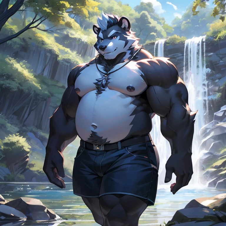 solo, anthro, furry, furry male, skunk,((short fur,furry, shaggy fur, opaque fur)), (skunk print), black pupils, white sclera, black body, black fur, black muzzle, black fur on face, indigo eye, big skunk tail, detailed fur, detailed face, detailed eyes, bare chest, (tight jean shorts), the woods, hiking trail, lake with waterfall, (by null-ghost,by raccoon21, masterpiece, high quality, hi-res, 8k, hd, dark), walking, looking at viewer, day, gentle expression, musclegut skunk man, muscular, big belly, fat belly, obese belly, pillowy pectorals, soft pectorals, big pectorals, weight-lifter build, black fur, indigo eyes, pink nipples, pierced nipples, pink pawpads, mid 30s, relaxed, lazy, indigo smoke, Mohawk, no accessories, no necklaces