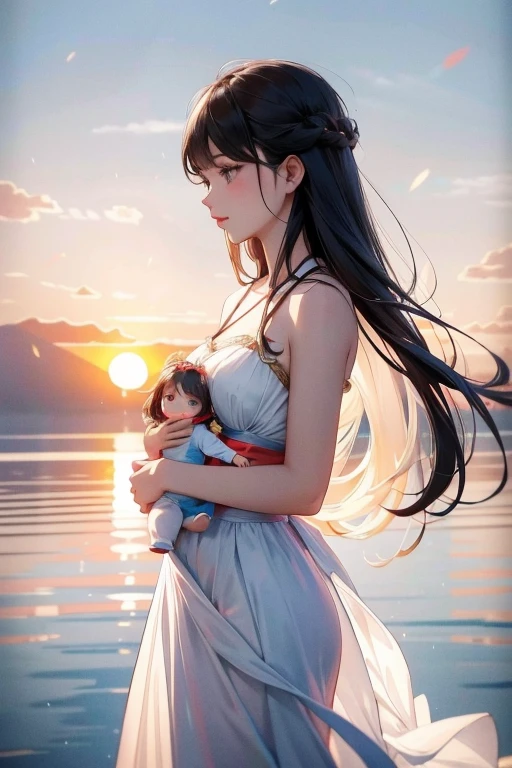 1 girl, serene expression, mesmerizing eyes, long straight hair, flowing dress, poised posture, Porcelain Skin, blush sutil, BREAK golden hour crystal pendant, (rim lighting):1.2, warm hues, sun glare, softshadows, swirly vibrant colors, pictorial effect, dreamy atmosphere BREAK panoramic lake, distant mountains, willow tree, calm waters, reflection, sunlit clouds, tranquil atmosphere, idyllic sunset, ultra detaild, offcial art, unity wallpaper 8k , there is a woman holding a baby in her arms, bae suzy, Jaeyeon Nam, jia, with ivy, Gongbi, profile image, with a , adorable and pale korean face, she has a cute and expressive face, Of me, # oc, with yellow cloths, #oc, lulu chen, jennie blackpink, profile image, Jinyoung Shi