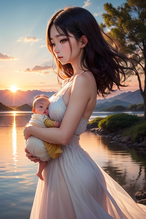 1 girl, serene expression, mesmerizing eyes, long straight hair, flowing dress, poised posture, Porcelain Skin, blush sutil, BREAK golden hour crystal pendant, (rim lighting):1.2, warm hues, sun glare, softshadows, swirly vibrant colors, pictorial effect, dreamy atmosphere BREAK panoramic lake, distant mountains, willow tree, calm waters, reflection, sunlit clouds, tranquil atmosphere, idyllic sunset, ultra detaild, offcial art, unity wallpaper 8k , there is a woman holding a baby in her arms, bae suzy, Jaeyeon Nam, jia, with ivy, Gongbi, profile image, with a , adorable and pale korean face, she has a cute and expressive face, Of me, # oc, with yellow cloths, #oc, lulu chen, jennie blackpink, profile image, Jinyoung Shi