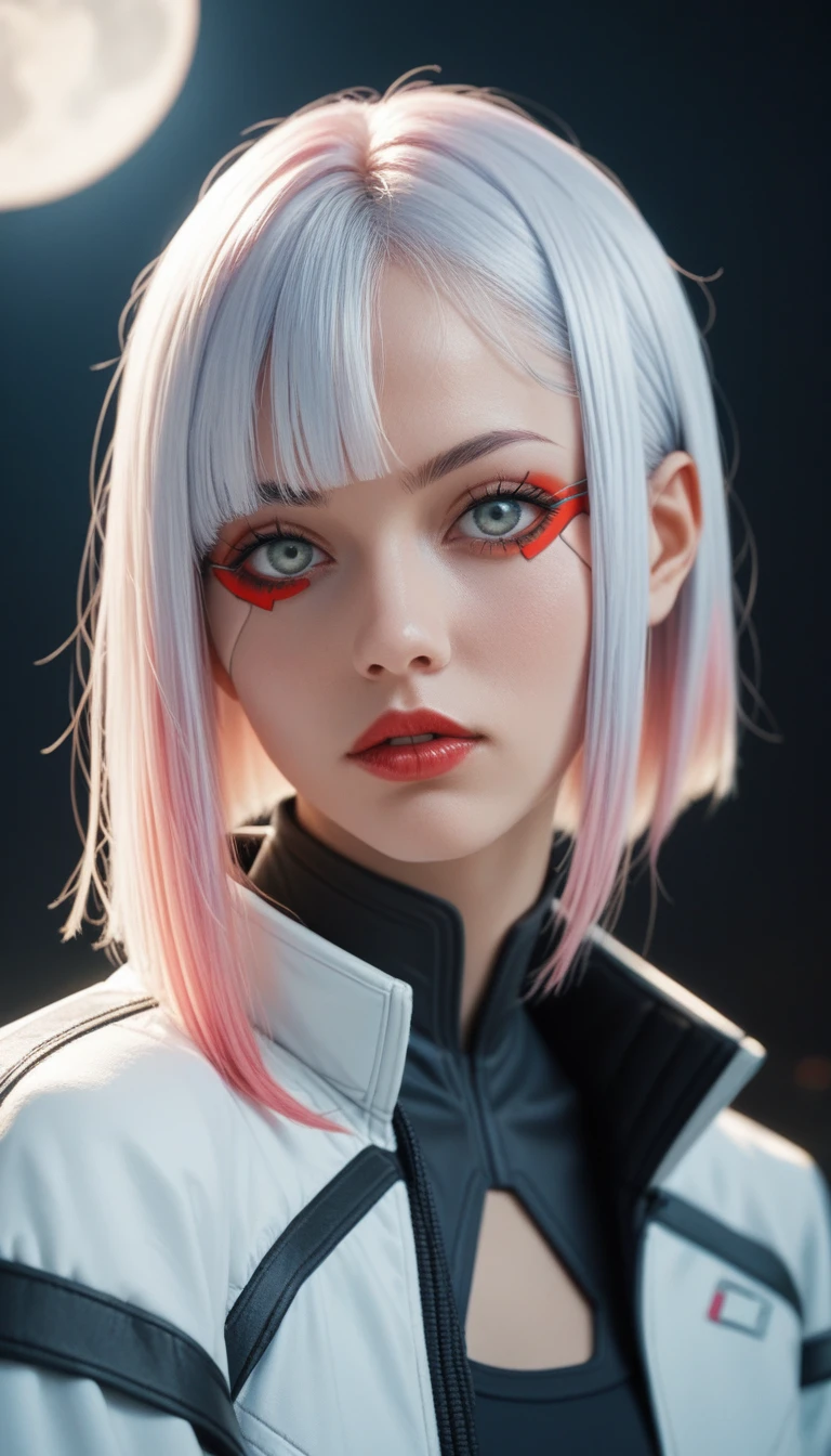 lucy \(cyberpunk\), 1girl, hime cut, silver hair, colored tips, full moon, grey eyes, jacket, long sleeves, looking at viewer, medium hair, multicolored hair, parted bangs, parted lips, pink hair, portrait, red eyeliner, red lips, solo, white jacket, cyberpunk \(series\)