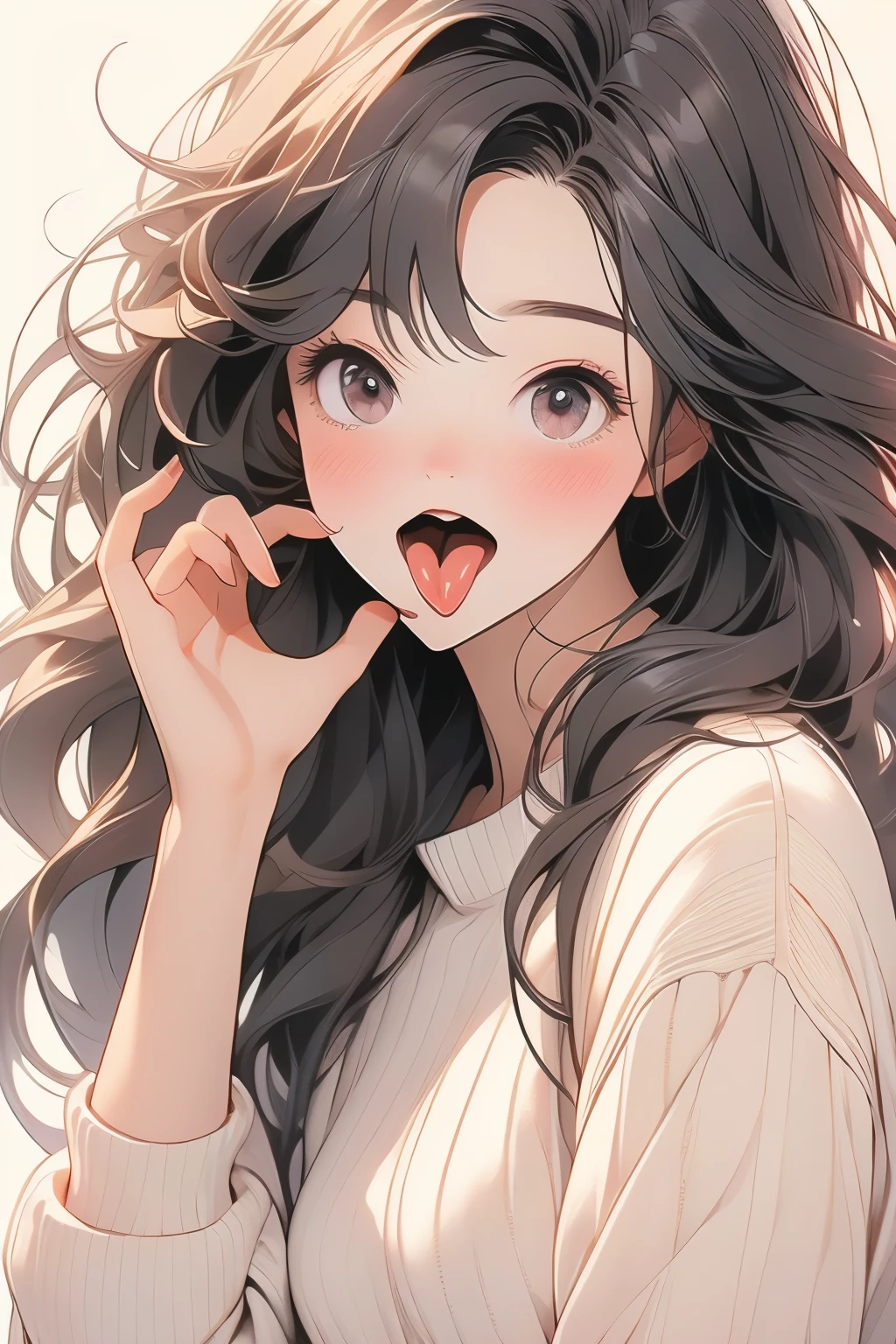 masterpiece,best qualtiy,anime,FellatioGesture,fellatio_gesture,1girl,blush,open_mouth,tongue_out,white sweater,small breast, Half-clenched fist
