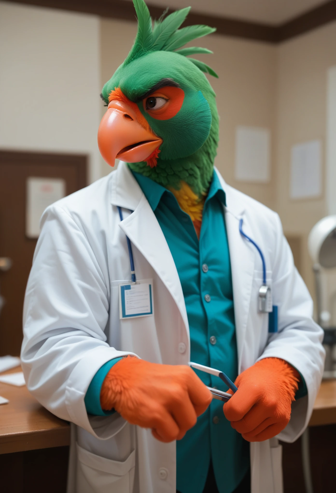 angry parrot , in cartoon format , fullcolor, in doctor's clothes