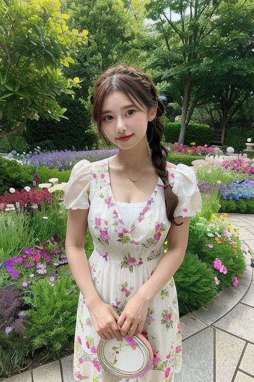 woman, View the viewer, French Braid Hair , Flower Holter Dress, Cleavage, Garden Landscape Design, (Rim Light)