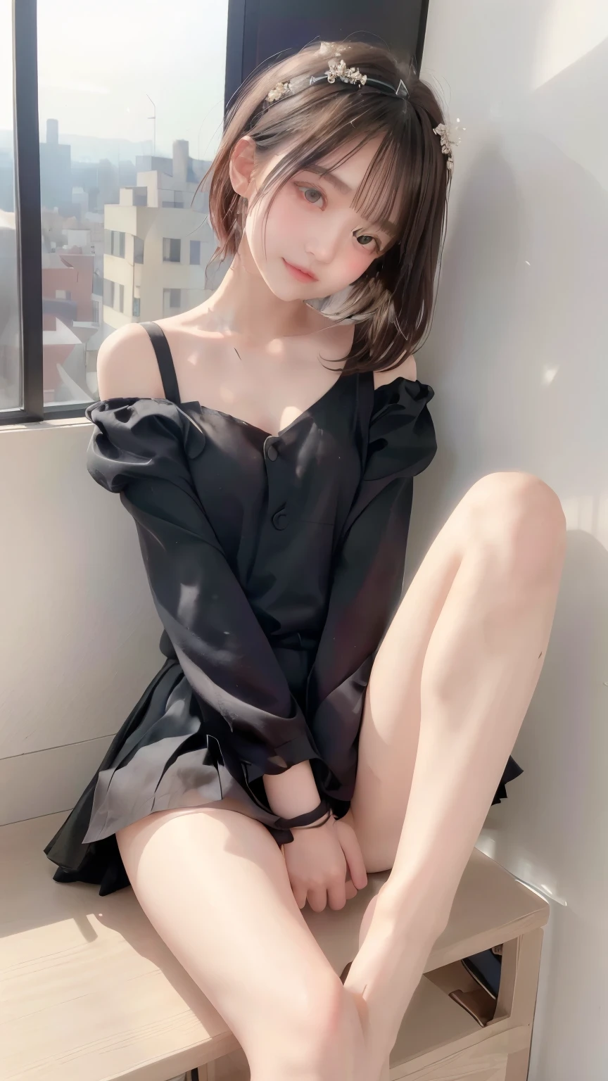 ((Best quality)), ((masterpiece)), (detailed), 1 girl, sits with his legs together, Feet together, With your legs bent, god, 16 years, skirt, tights, Pussy visible, very small pussy, no panties, in cute clothes, without shoes, blushes, nsfw, Erotica,  visible, , embarrassed, shows tits, очень embarrassed, Pussy visible