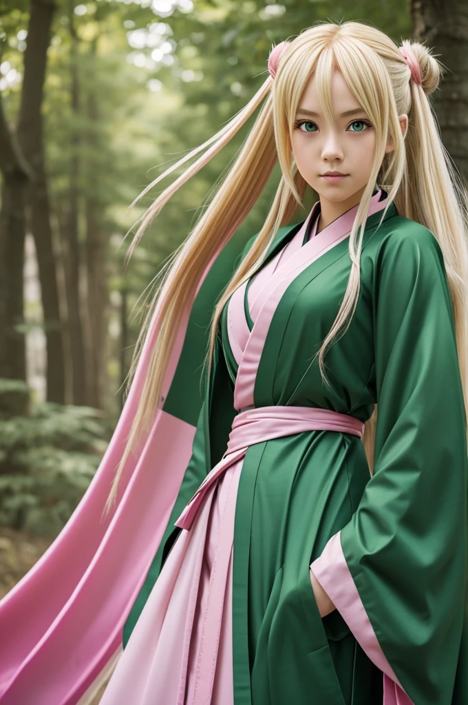 Anime Teen girl demon slayer art style blonde long hair green eyes green kimono with pink 